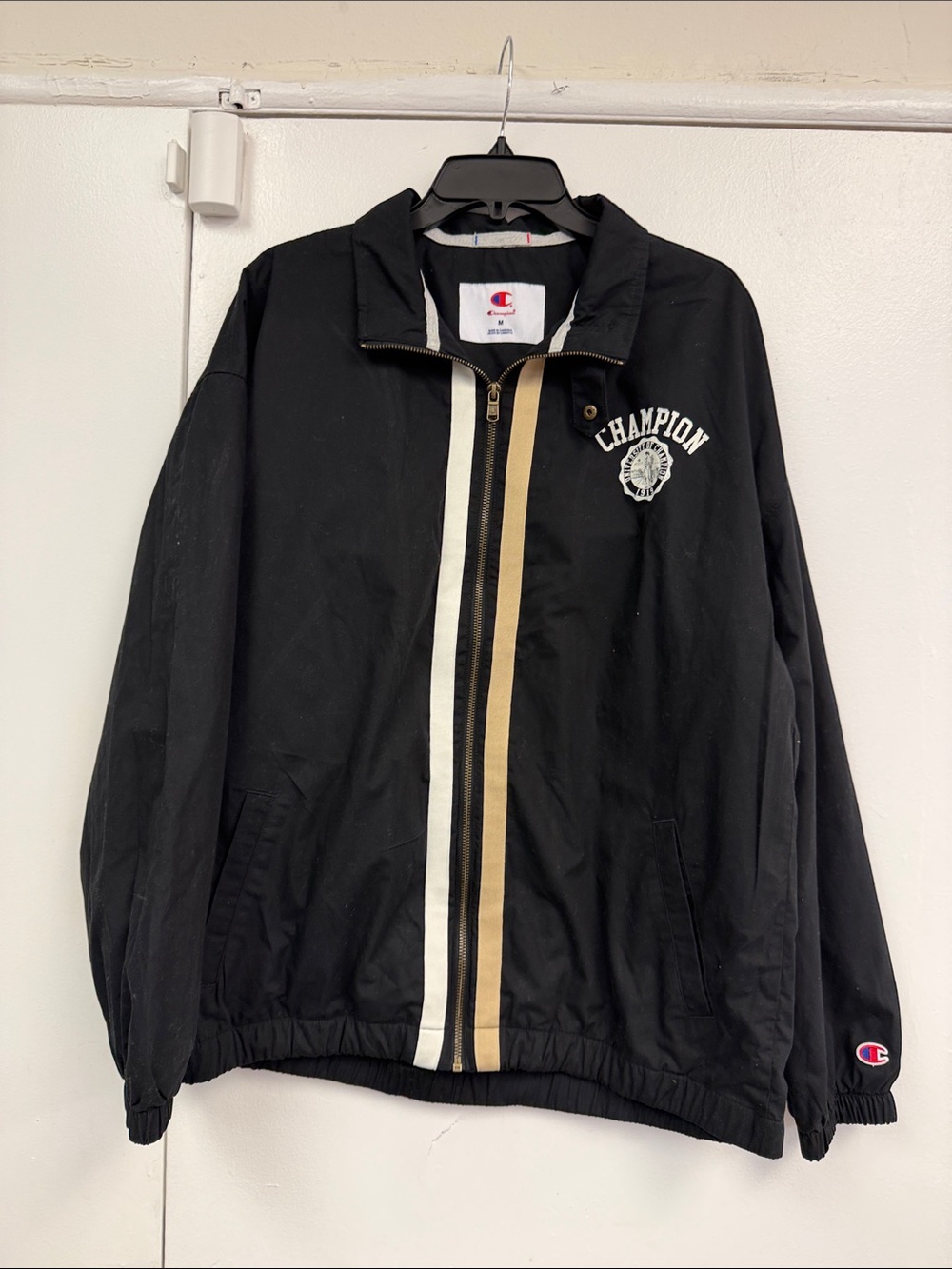 Champion Black Windbreaker with Cream and Tan Center Stripes coaches jacket med